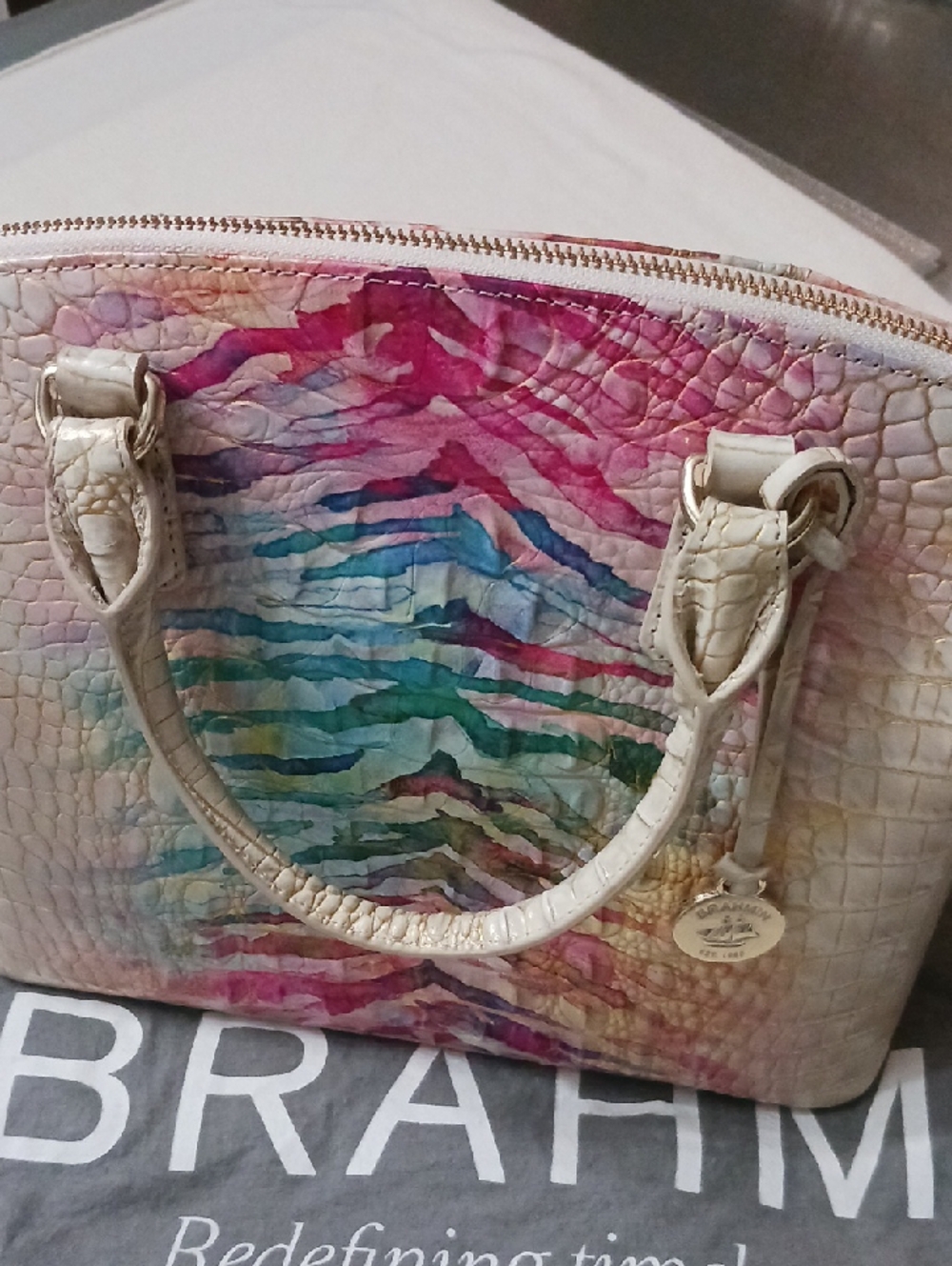 Brahmin Cream Embossed Leather Satchel with Multicolor Watercolor Stripes